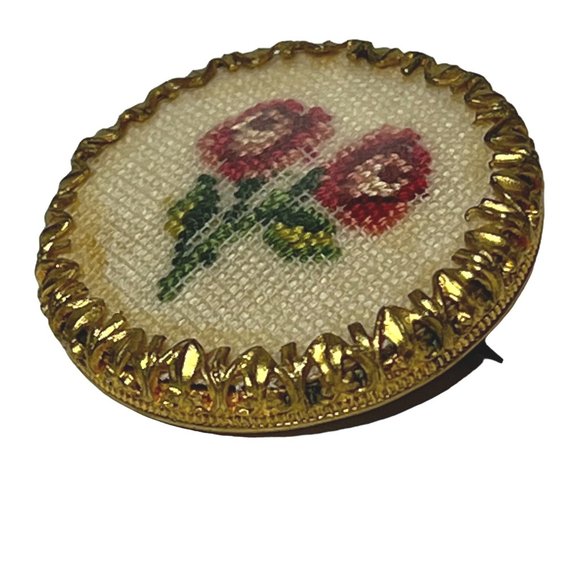 Vintage Petit Point Floral Brooch Round Gold-Tone Pink & White - Picture 2 of 7
